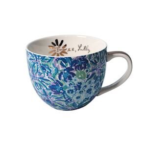Lilly Pulitzer Blue Floral Lion Around Coffee Tea Cup Gold Handle